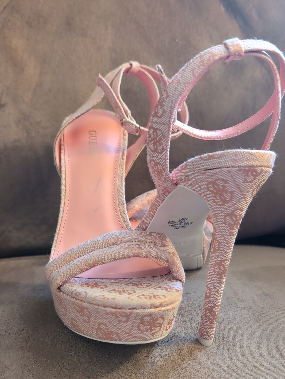 Guess Pink Logo Jacquard Platform Heel Sandals